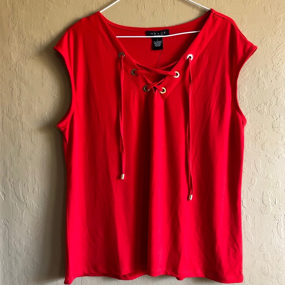 Red Lace Up Shirt Gold Accent
